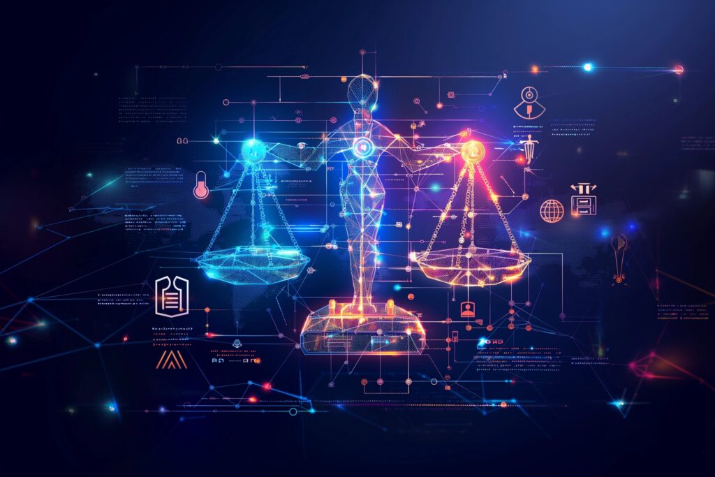 Rostos humanos com padrões de IA e dados, em um fundo de cidade futurista, simbolizando a integração de IA tradicional e generativa para sucesso nos negócios.