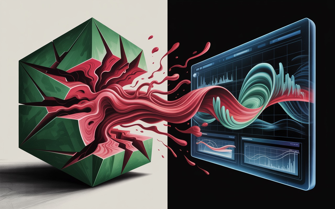 Ilustração conceitual dividida em duas partes. À esquerda, um cubo verde rachado revelando um interior vermelho caótico, simbolizando o 'Projeto Melancia'. À direita, uma interface holográfica limpa com ondas de probabilidade e dados fluídos, representando o futuro com o Sentinels.